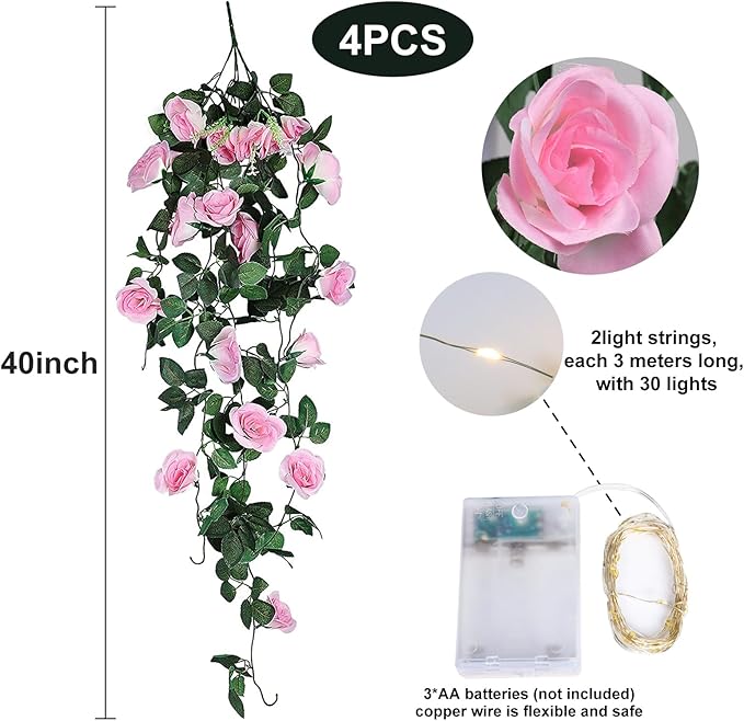 RECUTMS Artificial Hanging Rose Flower 4PCS Vine Plants with 30 LED Fairy String Lights Fake for Indoor Outside Garden Porch Farmhouse (Pink)