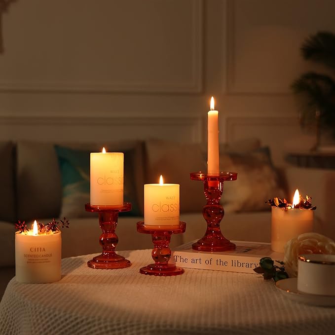 GMWD 3 Pcs Glass Candle Holder Set Clear, Orange Rose Candlesticks Holders Pillar Taper Candles Tealight Stand for Wedding Centerpieces Home Decorations Dining Table