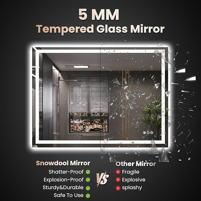 40"X32" LED Bathroom Mirror with Front Lights and Backlit, Anti-Fog, Dimmable, Shatter-Proof Tempered Glass, Lighted Bathroom Vanity Mirror for Wall with 3 Colors, Memory Function