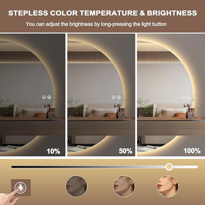 Half Moon Mirrors for Wall, 44"x22" Led Bathroom Mirror with Lights - 3-Color Backlit & Stepless Dimming-Anti-Fog-Modern Vanity Mirror-Shatterproof Glass-Memory