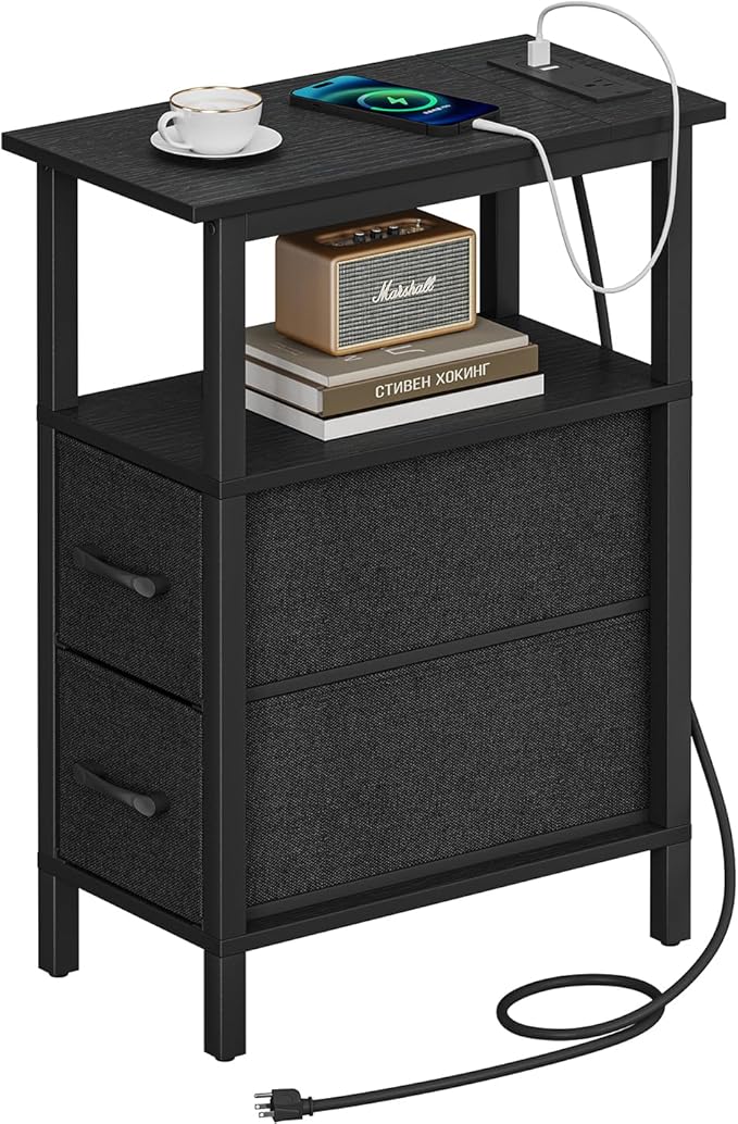 Narrow Side Table for Small Spaces, Skinny End Table with Charging Station, Sofa Beside Table with 2 Fabric Drawers and 1 Open Compartment, Slim Nightstand with USB Ports Outlet, Black UTBT004B