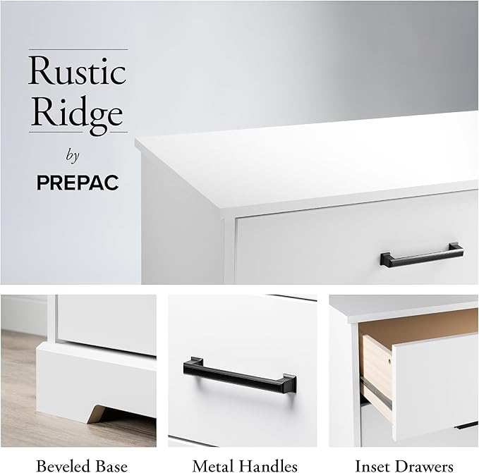 Prepac Rustic Ridge Farmhouse Nightstand Bedside Table, White Nightstand for Bedroom, End Table with 3 Drawers 16.25"D x 27.5"W x 26.75"H