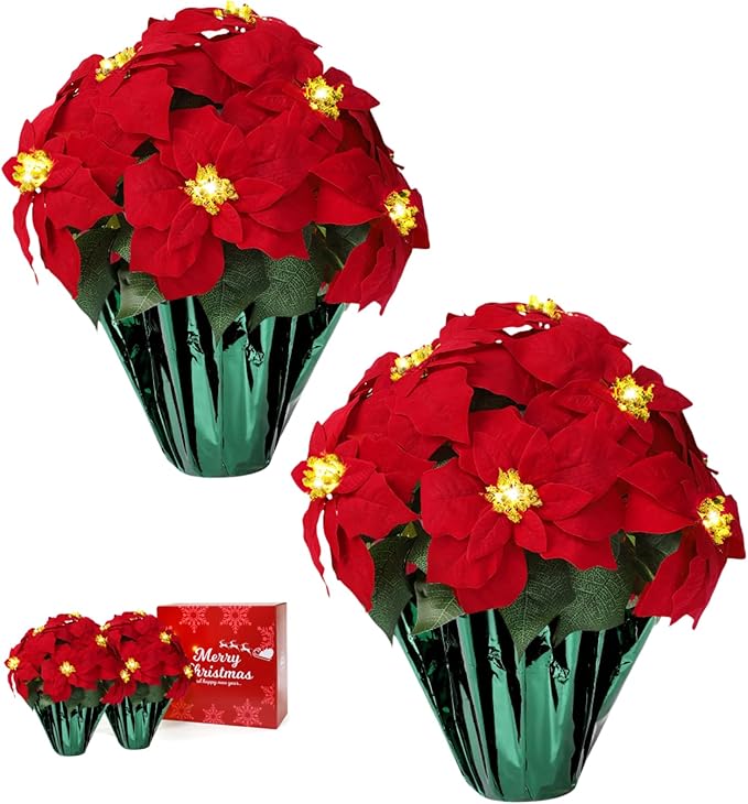 2 Pack 18" Lighted Large Artificial Poinsettias for Outdoors LED Poinsettia Flowers Artificial Faux Poinsettia Plants Poinsettia Christmas Decorations for Office Home Kitchen Decor (Green Paper)