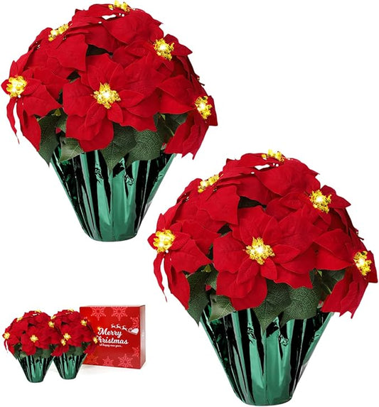 2 Pack 18" Lighted Large Artificial Poinsettias for Outdoors LED Poinsettia Flowers Artificial Faux Poinsettia Plants Poinsettia Christmas Decorations for Office Home Kitchen Decor (Green Paper)