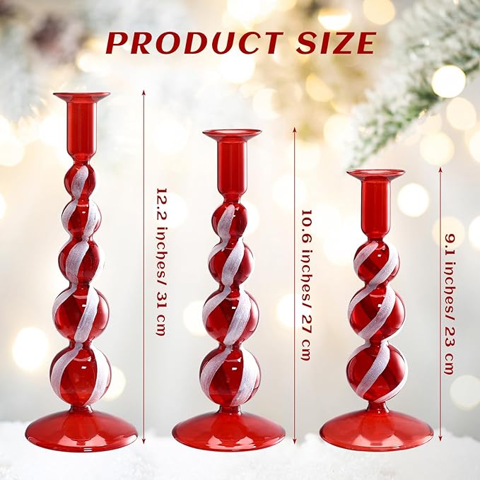 Mumufy 3 Pcs Red and White Christmas Glass Candlestick Holders Christmas Ball Glass Taper Candle Holder Stick Decor for Xmas Holiday Wedding Home Table Centerpiece