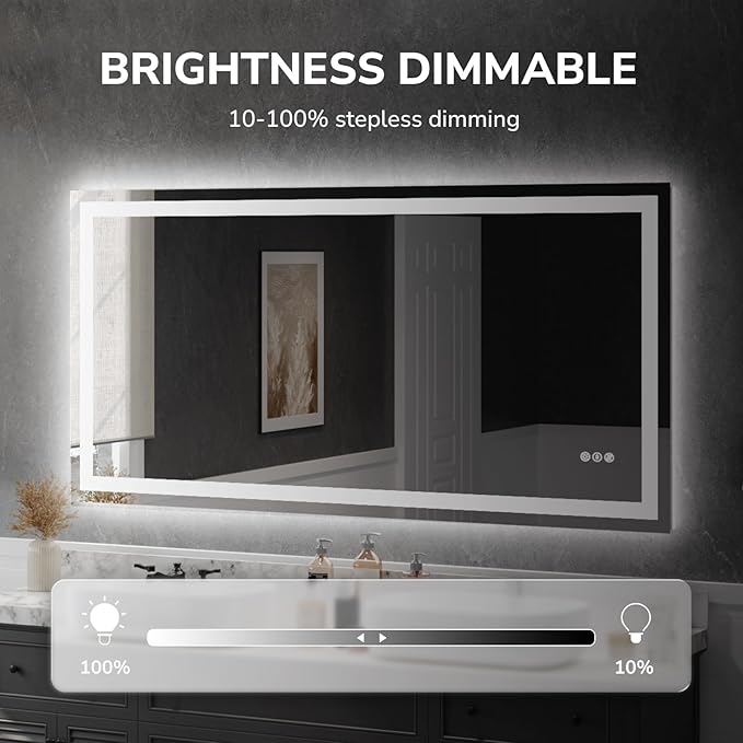 USHOWER LED Bathroom Mirror 72x36 Inch Tempered Glass - Frameless LED Backlit Lighted Mirror for Bathroom Vanity with Anti-Fog, 3 Colors Dimmable, Memory Function, Wall-Mounted