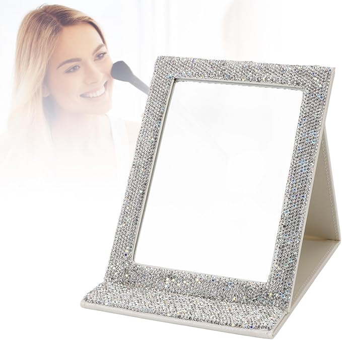 Folding Cosmetic Mirror, High Definition Innovative Rhinestone Portable Makeup Mirror Travel PU Portable Adjustable Rectangular Vanity Mirror for Dormitory Desktop