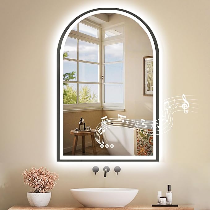 24x36 Inch Led Mirrors for Bathroom, Arch Vanity Mirror with Lights, Wall-Mounted Mirror with Bluetooth Speaker, Anti-Fog, Memory Function, 3 Color Temperature, Dimmable