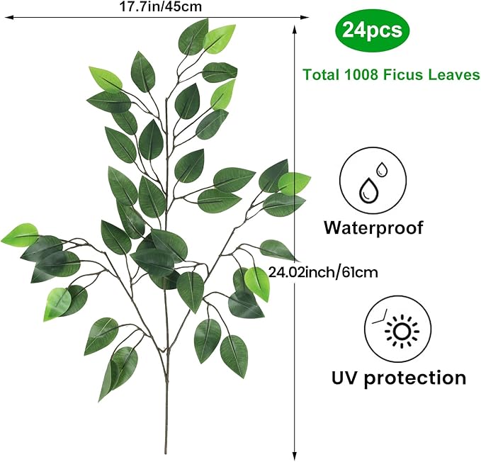 GTIDEA 24PCS Artificial Ficus Leaves Branches Faux Ficus Tree Branches Artificial Greenery Silk Floral Arrangement for Benjamina Tree DIY Wedding Bouquet Summer Wreath Wall Decor (24.04 Inch)