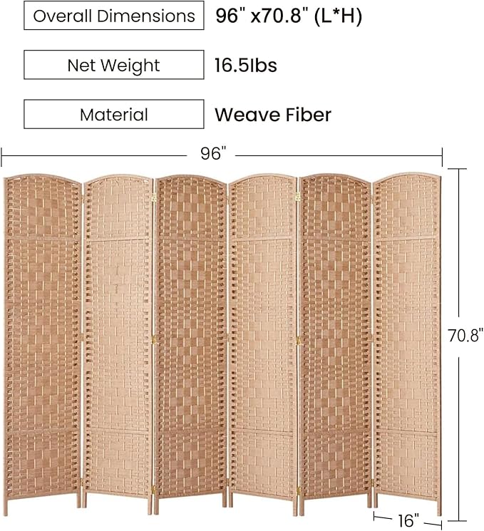 Rose Home Fashion Room Divider, 6 ft Tall Room Dividers and Folding Privacy Screens, 16in Privacy Screen 6 Panel Natural Space Temporary Wall Foldable Partition Separation