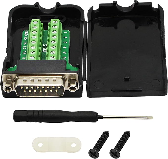 CERRXIAN DB15 Breakout Connector - DB15 Screw Wiring Terminal Signal Module Breakout PCB Board with Plastic Case & Nuts (Black) (MN)