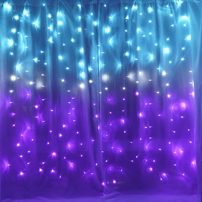 Curtain Lights for Bedroom Waterfall Led Light String PurpleTeal Ombre Hanging Fairy Mermaid Lights for Kids Teen Room Decor Window Ocean Sea Kawaii Christmas Decor Girls Gift (Turquoise & Purple)