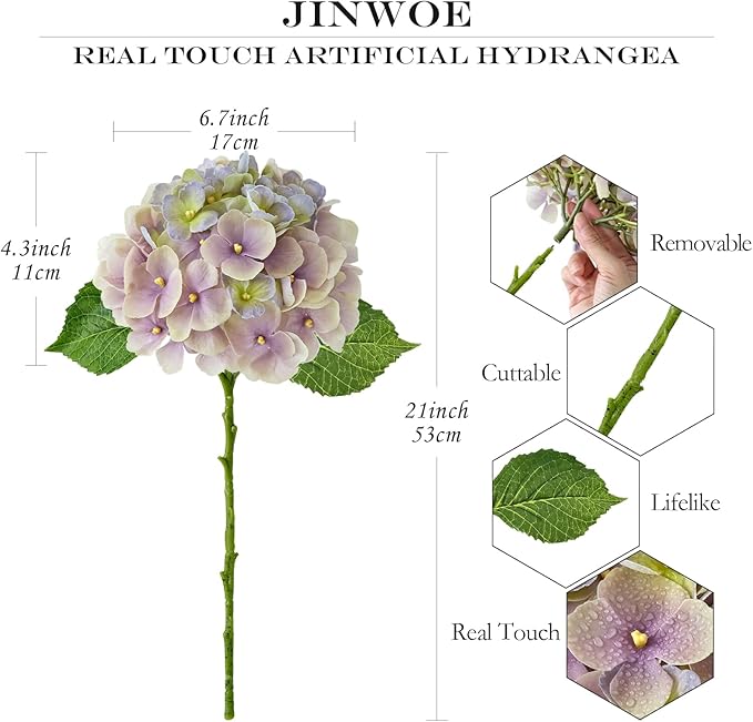 Hydrangea Artificial Flowers, 4PCS 21" Latex Real Touch Vintage Lifelike Silk Flowers,Faux Hydrangea Bouquet Fake Flowers for Wedding Centerpieces Tables Party Outdoor Home (Green/Puple)