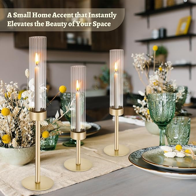 Gold Hurricane Glass Candle Holders: Cadhodenm Tall Glass Candlestick Holder for Wedding Set of 3 Brass Taper Candle Holders Modern Candle Sticks Holder for Table Centerpiece Party Christmas Home