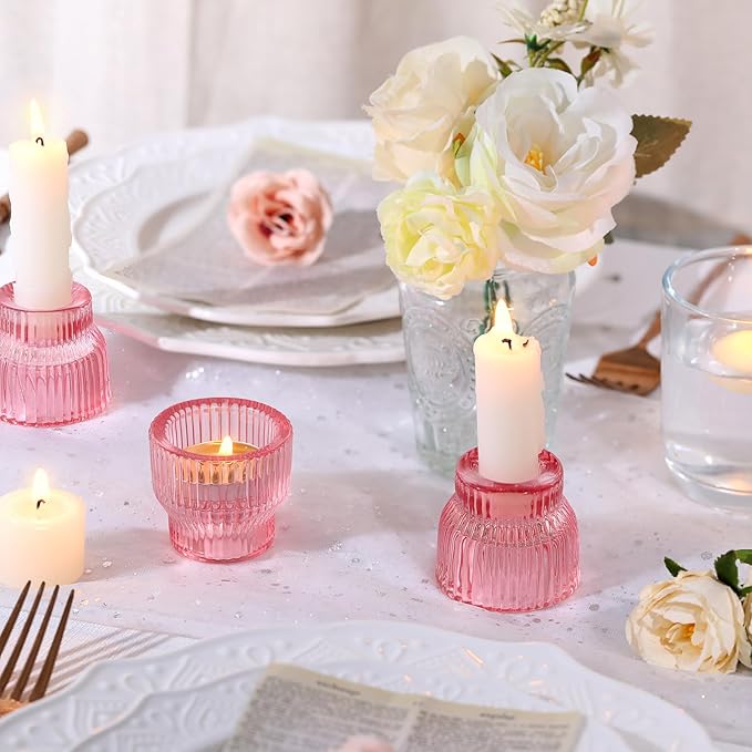 12pcs Pink Taper Candle Holders, Glass Candlestick Holders, Tea Light Candle Holder for Wedding Centerpieces Table Decorations, Votive Candle Holders for Baby Shower