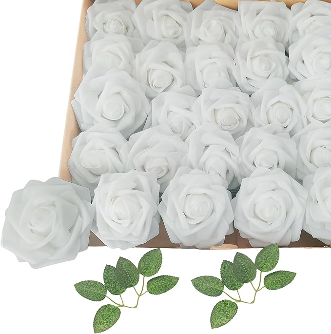 White Roses Artificial Flowers 25 PCS, Fake Rose Flower Heads Flowers with Stem for DIY Bouquets Wedding Decorations Centerpieces Arrangements Party Home Decor