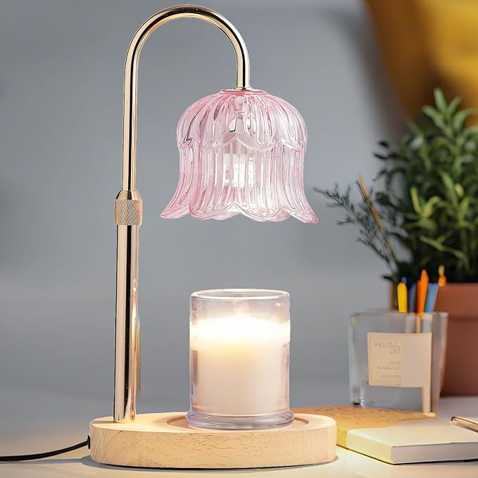 Candle Warmer Lamp with Timer: Flower Shape Wax Lamp Candles No Flame Home Decor Pink Candles Warming Lights
