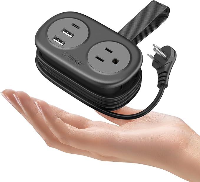 ORICO Pocket Power Strip for Travel, 5 in 1 Extension Cord with 2 AC Outlets 2 USB-A and 1 USB-C Ports, 3.7 ft Flat Plug Wrapped Around Power Strip for Cruise Office, Hotel, Home- AP3 (Black)