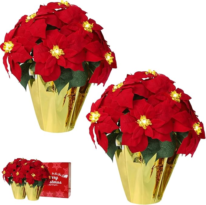 2 Pack 18" Lighted Large Artificial Poinsettias for Outdoors LED Poinsettia Flowers Artificial Faux Poinsettia Plants Poinsettia Christmas Decorations for Office Home Kitchen Decor