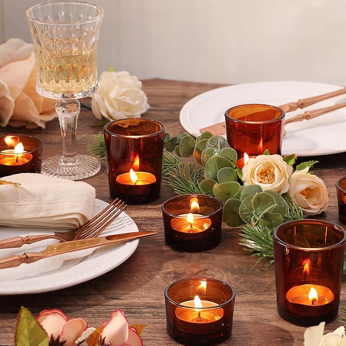 12pcs Assorted Amber Votive Candle Holders, Glass Candle Holder for for Fall Decor, Amber Tealight Candle Holder for Table Centerpiece, Wedding and Party Decor