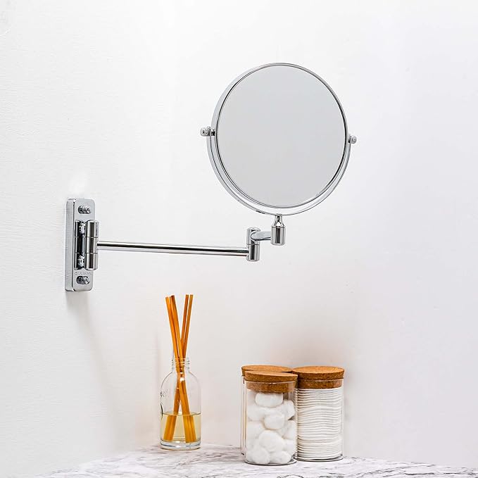 OVENTE 7" Wall Mounted Makeup Mirror with 1X/10X Magnification, Double Sided Magnifying Round Bathroom Vanity Mirror, 360° Swivel Design, Extendable and Folding Arm, Polished Chrome MNLFW70CH1X10X