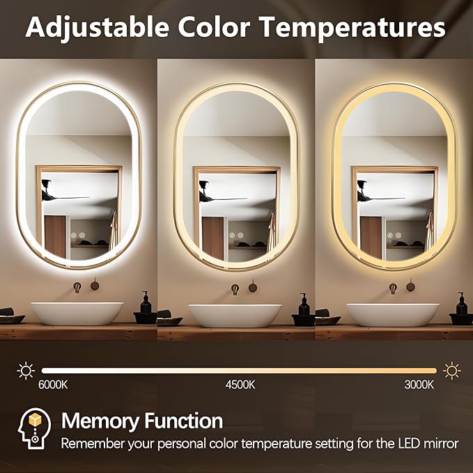 Niccy Oval LED Mirror for Bathroom, 36x24 Front Lit + Backlit Vanity Mirrors with Light Anti-Fog, Shatter-Proof, 3 Colors, Makeup Mirror with Gold Frame (Horizontal/Vertical)