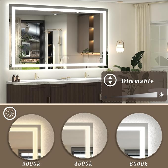 68x40 LED Lighted Mirror for Bathroom Wall Mounted, Dimmable Vanity Mirror with Lights, Anti-Fog, ETL Listed (Backlit and Front Lighted)