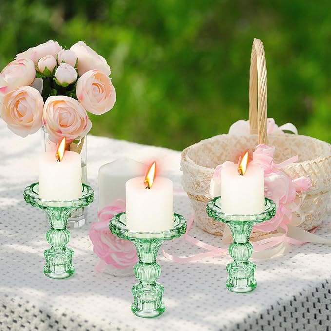 Suclain 24 Pcs Glass Taper Candle Holder Sets 12 Candlestick Holder with 12 White Long Candles for Wedding Party Decor Dinner Decoration(Green)