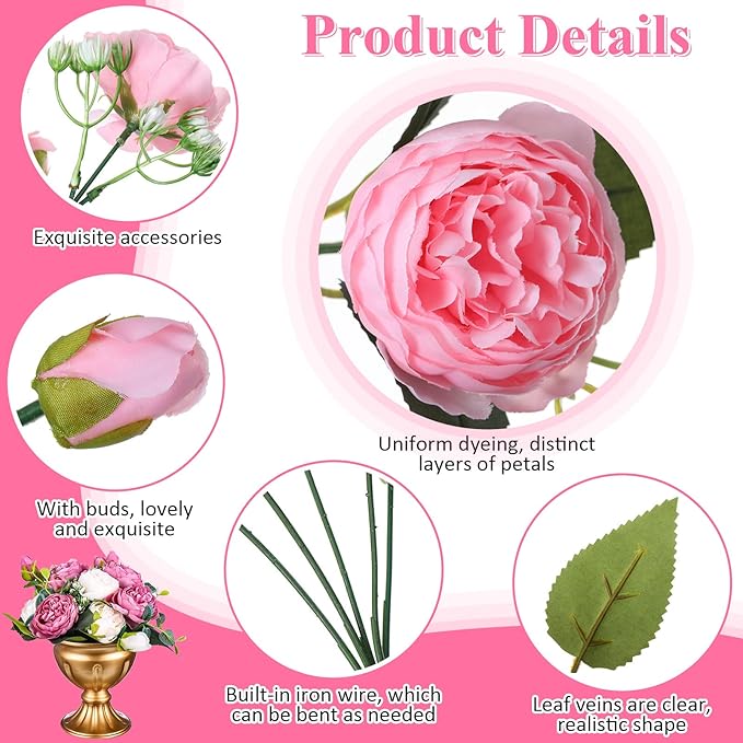 Hoteam 24 Bundles Artificial Peonies Flowers Wedding Faux Flowers Silk Peony Bouquet Bulk Bride Fake Florals Arrangements for Table Centerpieces Wedding Party Vase Decor (Light Pink, White)