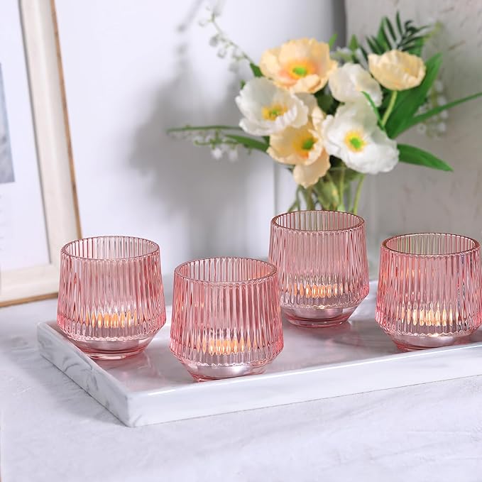 12 Pcs Large Pink Candle Holder- 3.15"×3.15" Ribbed Pink Vorive Candle Holders for Pink Bridal Shower Decorations, Girl Baby Shower Decorations, Pink Glass Candle Holder for Table Centerpiece