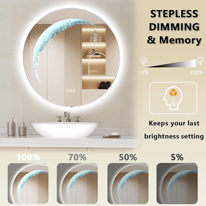 30'' Circle LED Mirror, Frameless Round Smart Mirror with Backlit & Half Moon Light, Anti-Fog, 3 Color Modes, Dimmable Wall-Mounted LED Vanity Mirrors for Bathroom, Bedroom, Entryway