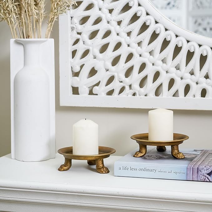 NIKKY HOME Gold Decorative Iron Plate Candle Holders Set of 2, Vintage Pillar Candlestick Stand Base Tray for LED & Wax Candles, Incense Cones, Spa, Weddings