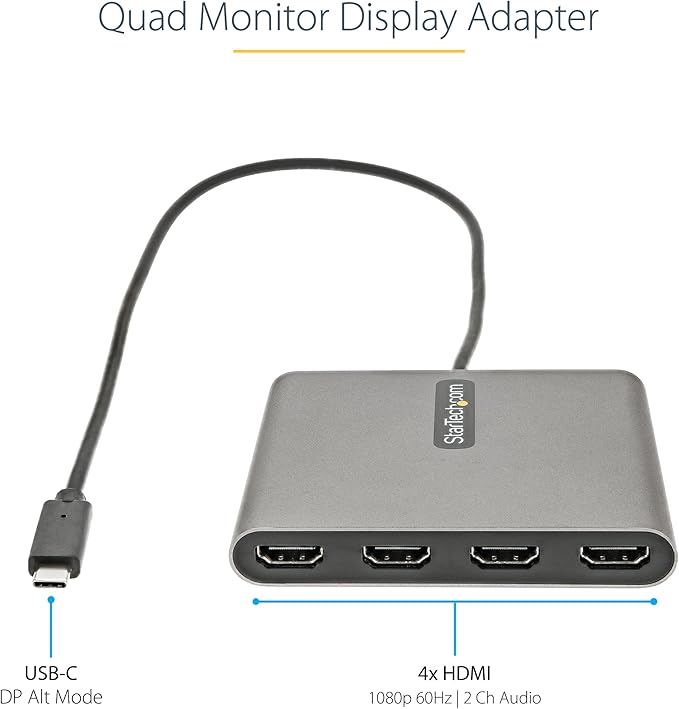 StarTech USB-C to Quad HDMI Adapter, USB Type-C to 4 HDMI Monitor Converter, 4x 1080p 60Hz, External Video Graphics Card, Windows Only, TAA, for Laptops/Desktops, Bus Powered, 50cm Cable