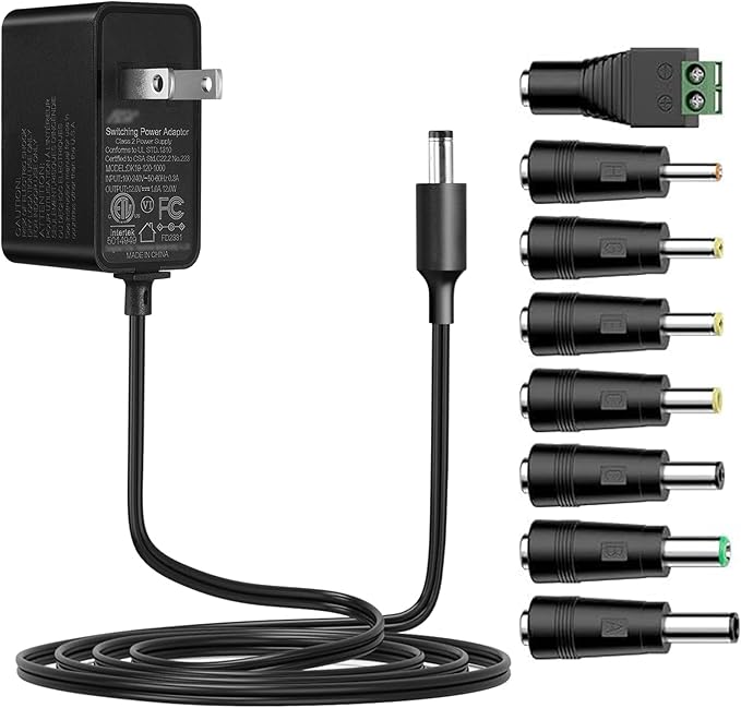 Tonton 12V 1A 10ft AC/DC Long Power Supply Adapter Cord 12W Wall Charger AC 100V-240V to DC 12 Volt with 8 Tips for LED Strip Light, CCTV Camera, BT Speaker, GPS, Webcam, Router, UL/CE/FCC Certified