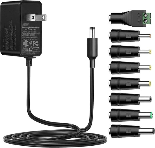 Tonton 12V 1A 10ft AC/DC Long Power Supply Adapter Cord 12W Wall Charger AC 100V-240V to DC 12 Volt with 8 Tips for LED Strip Light, CCTV Camera, BT Speaker, GPS, Webcam, Router, UL/CE/FCC Certified