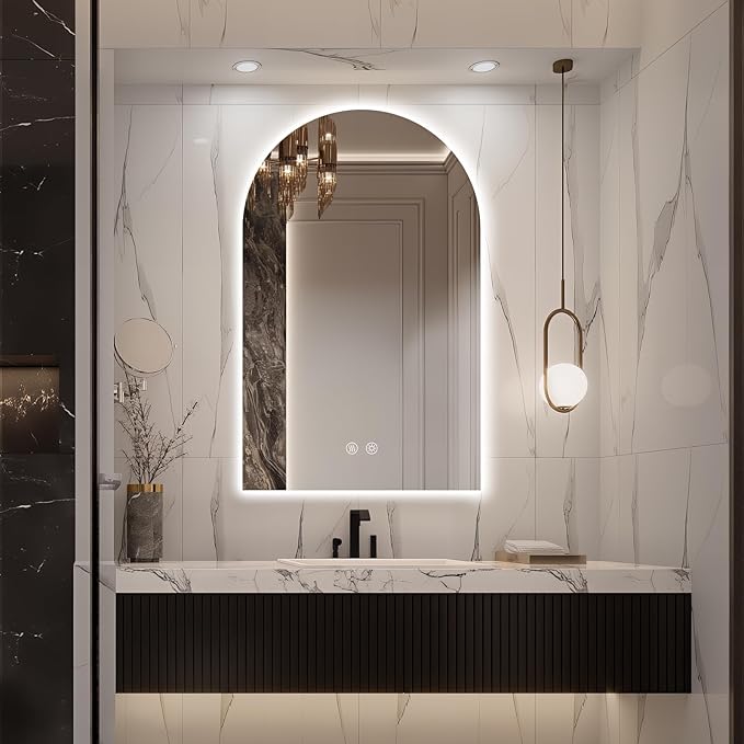 Niccy Arched LED Bathroom Mirror, 48x30 Inch Arch Frameless Backlit Mirrors for Wall Arched Lighted Vanity Mirrors Defogger and 3 Color, Explosion-Proof, HD Glass and IP65 Waterproof