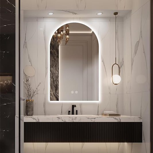 Niccy Arched LED Bathroom Mirror, 48x30 Inch Arch Frameless Backlit Mirrors for Wall Arched Lighted Vanity Mirrors Defogger and 3 Color, Explosion-Proof, HD Glass and IP65 Waterproof