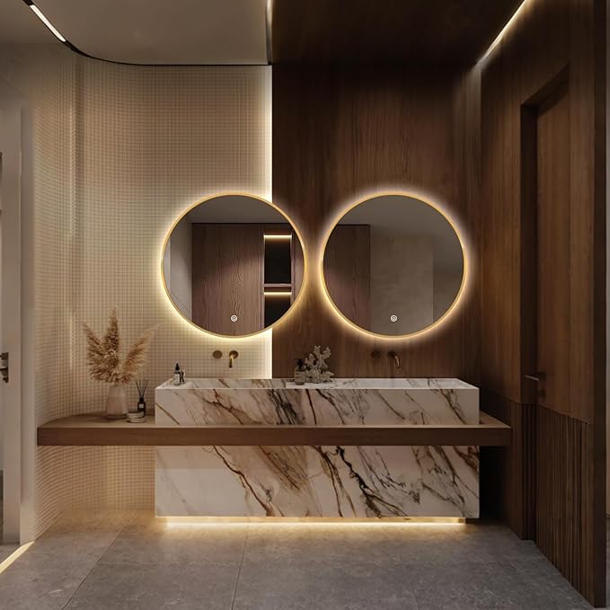 28" Round LED Bathroom Mirror, Wall Mounted Round Backlit Mirror LED Bathroom Vanity Mirror with Lights Fog Free Circle Lighted Mirror with Gold Frame