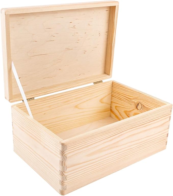 Large Wooden Storage Box with Hinged Lid | 11.8 x 7.87 x 5.51 inches (+-0.5) | Plain Unpainted Gift Box for Tool Toy Shoes Crafts Clothes Jewelry | ROUGH & UNSANDED Wood Keepsake Chest