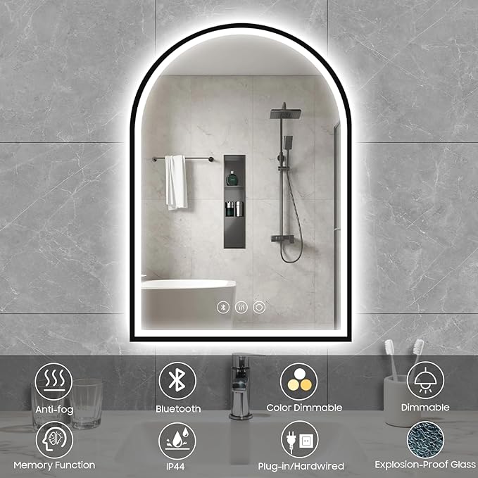 20x30 Inch Arch LED Bathroom Mirror with Bluetooth, Black Lighted Bathroom Mirrors Wall Mounted, Vanity Mirror with Anti-Fog, Memory Function, 3 Color Temperature, Dimmable Led Mirror for Bathroom