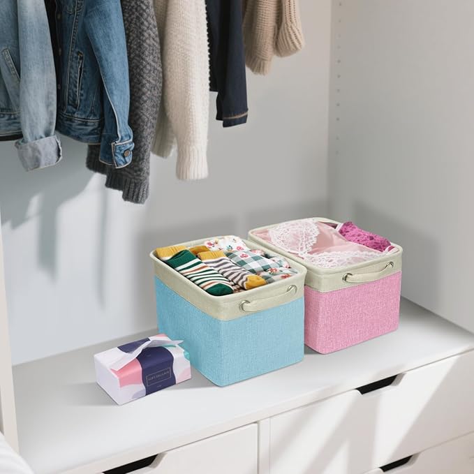 BALEINE 2 Pack Fabric Storage Bins for Shelves, Linen Storage Baskets for Organizing, Decorative Closet Bins for Clothes, Home (Green, 12"x8"x8")