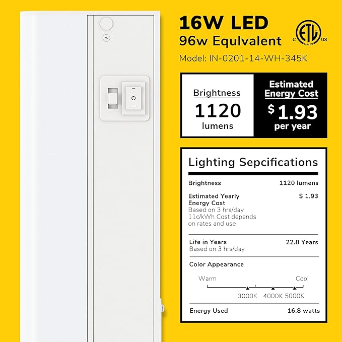 GETINLIGHT 30-inch Hardwired Only 3 Color LED Under Cabinet Lighting, Selectable 3000K/4000K/5000K, Dimmable, Matte White Finished, ETL Listed, IN-0201-14-WH-345K