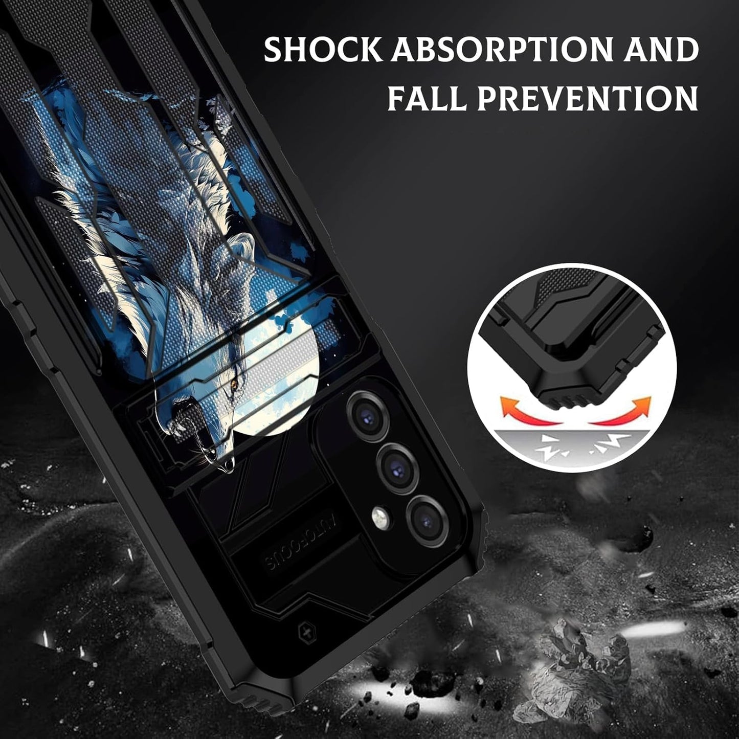 Galaxy A15 5G Wallet Case with Card Holder and Kickstand, Dual Layer Heavy-Duty Shockproof Case, Roaring Wolf