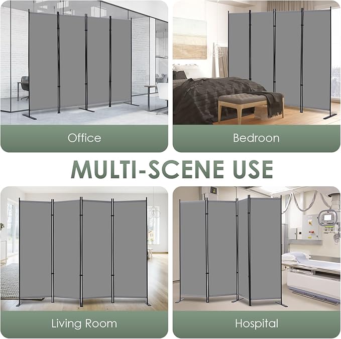 RANTILA 4 Panel Room Divider, 6 FT Folding Privacy Screen with Wide Feet, Freestanding Partition for Room Separation, Portable Room Divider Panel, 89" W x 71" H, Grey