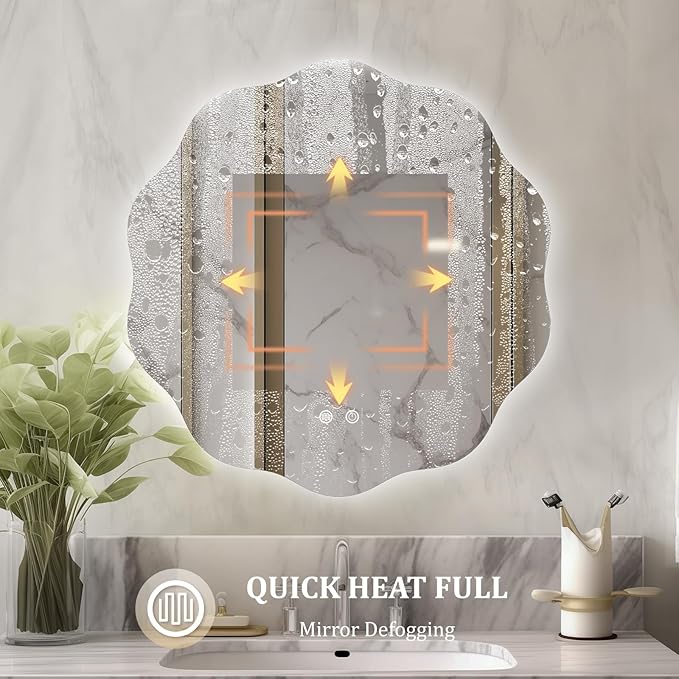 WallBeyond LED Bathroom Mirror with Lights, 24'' Wavy Round Light Up Bathroom Mirror, Anti Fog Led Mirror for Bathroom, 3 Colors and Dimmable Light