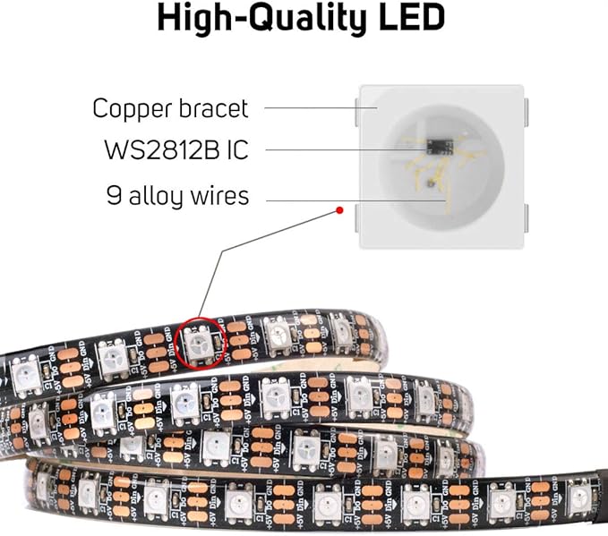 BTF-LIGHTING WS2812B RGB ECO LED Strip, Chasing Effects 5050SMD Individually Addressable 3.3FT 60Pixels/m Flexible Dream Color IP30 for Bedroom DIY Projects DC5V(No Adapter or Controller)