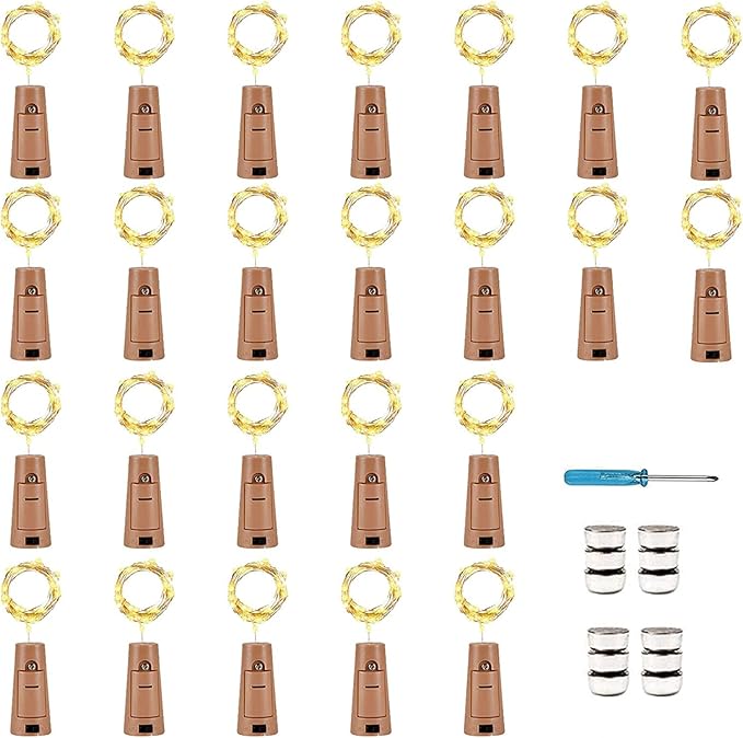 YJFWAL 24Pack 20LED Wine Bottle Lights with Cork, Silver Copper Wire Fairy Mini String Lights, Battery Operated for DIY, Party, Wedding, Christmas, Halloween Decor (Warm White)