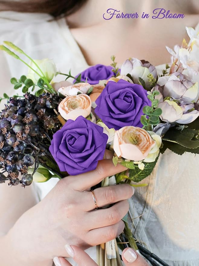 MACTING Purple Artificial Flowers 30PCS Fake Roses with Stem Real Soft Touch Foam Roses DIY Wedding Bouquet Table Centerpieces Party Bridal Shower Home Halloween Decorations