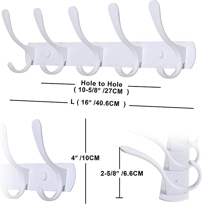 SKOLOO Coat Rack Wall Mount - Modern, Metal Wall Coat Rack with 5 Hooks, Sturdy Wall Hook Rack Rail for Hanging Coat, Jacket, Clothes, Hat, White