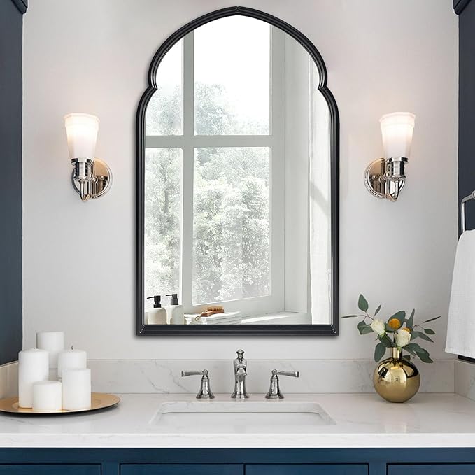 ironsmithn Arched Wall Mirror, Black Bathroom Mirror, 38" x 22" Wall Mounted Decorative Mirror, Modern Art Oblong Mirror for Master Bath Half Bath Living Room Bedroom Fireplace Entryway